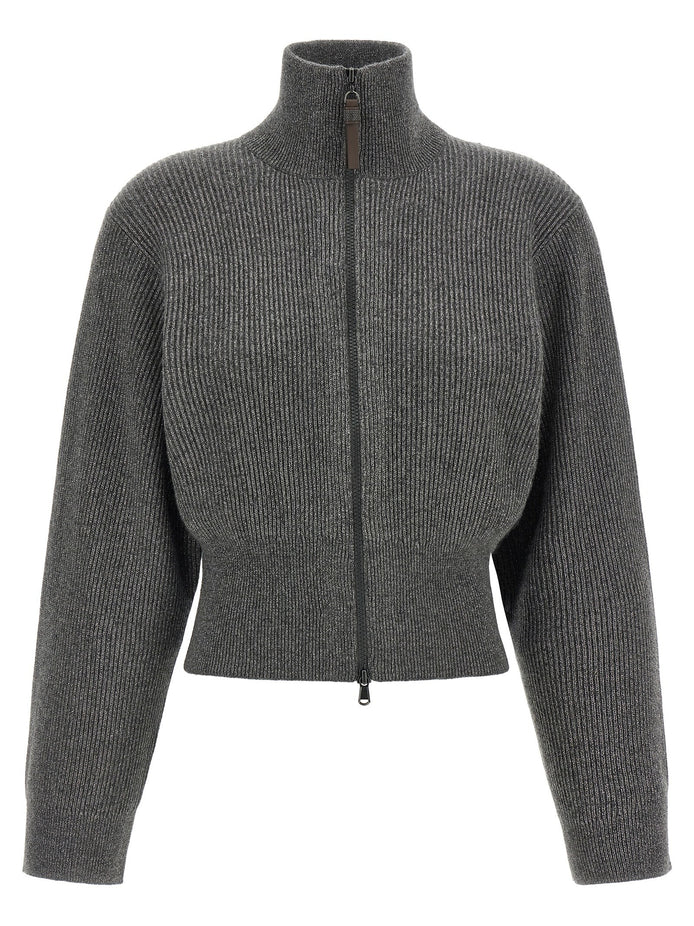 Ribbed cardigan with leather detail