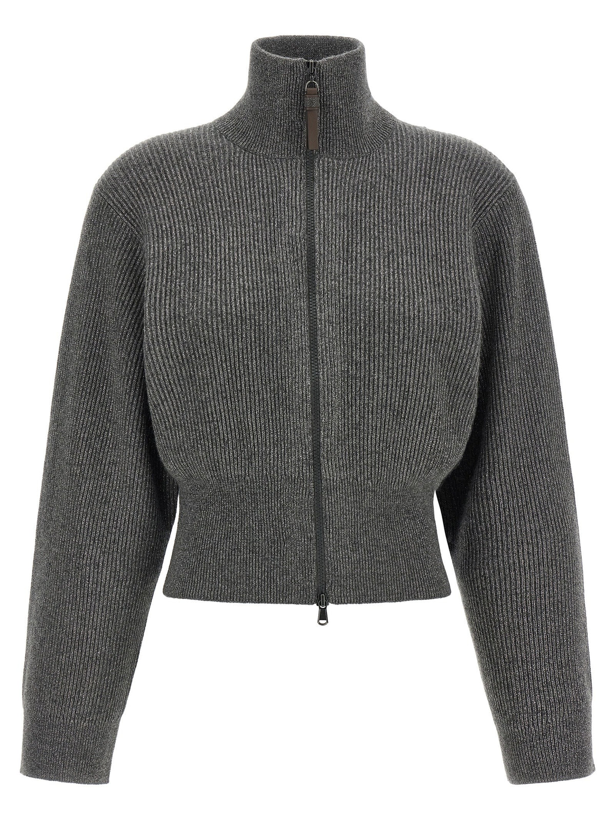 Ribbed cardigan with leather detail