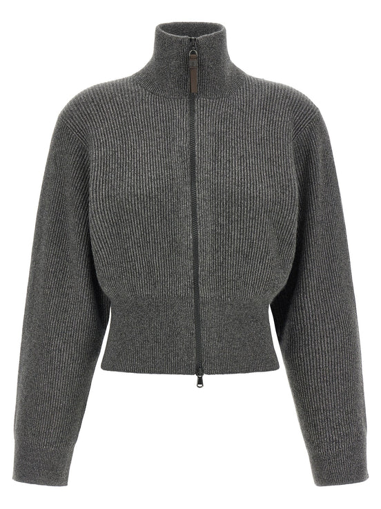 Ribbed cardigan with leather detail