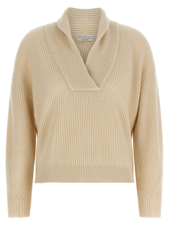 Shawl neck ribbed sweater