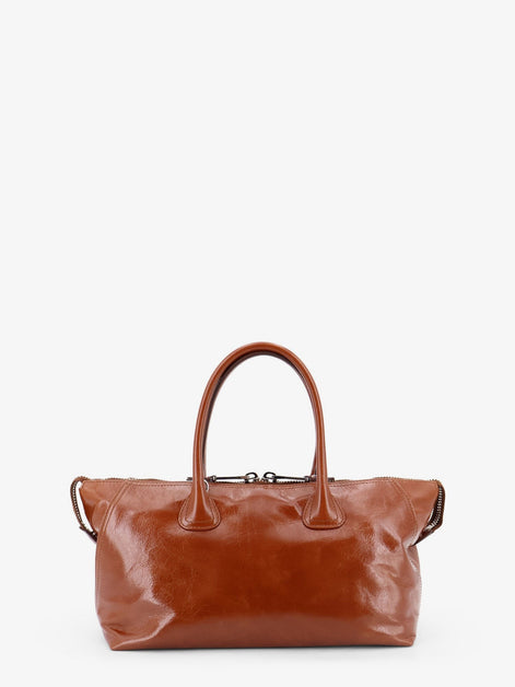 Shiny leather handbag with front lettering logo