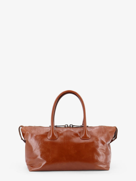 Shiny leather handbag with front lettering logo