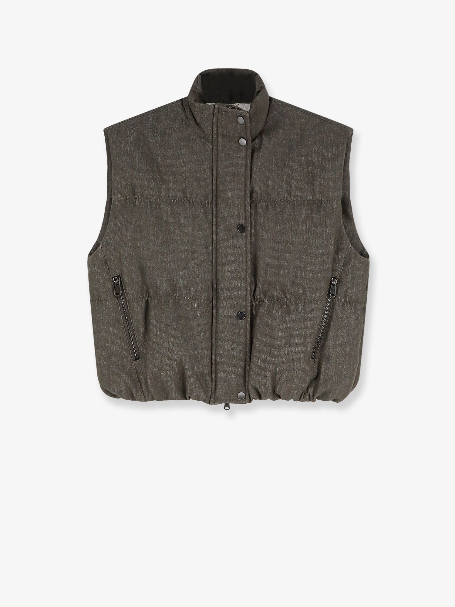 Sleeveless effect twill-denim down jacket
