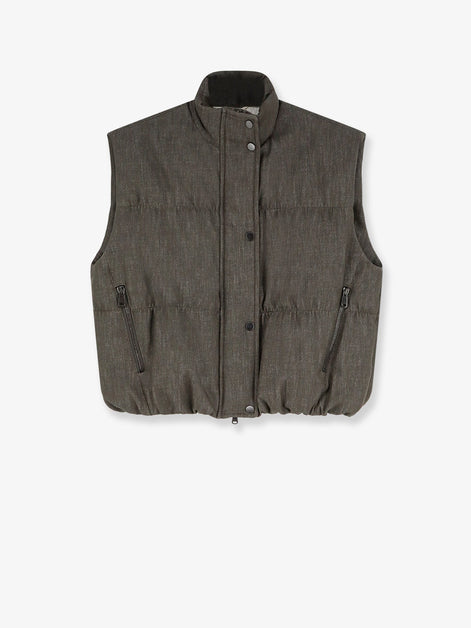Sleeveless effect twill-denim down jacket