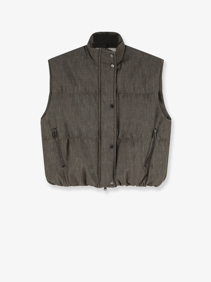 Sleeveless effect twill-denim down jacket
