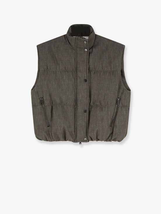 Sleeveless effect twill-denim down jacket