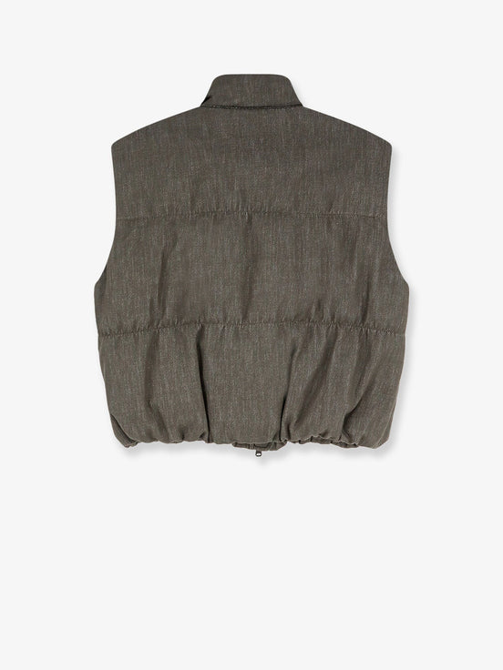Sleeveless effect twill-denim down jacket