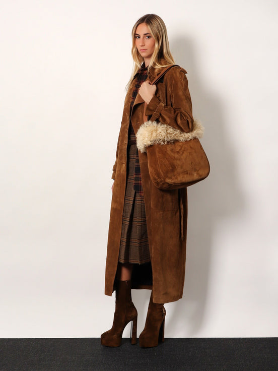 Suede shoulder bag with shearling profile