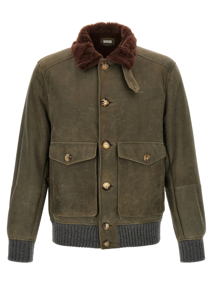 Waxed shearling bomber jacket