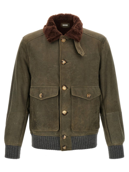 Waxed shearling bomber jacket