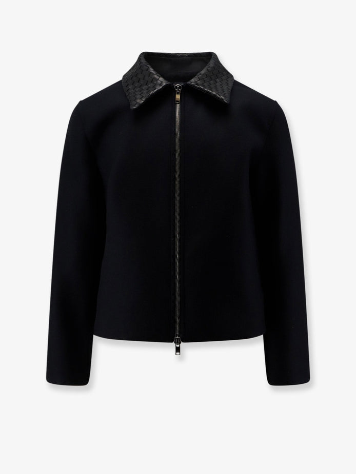 Wool jacket with leather collar with Intrecciato motif
